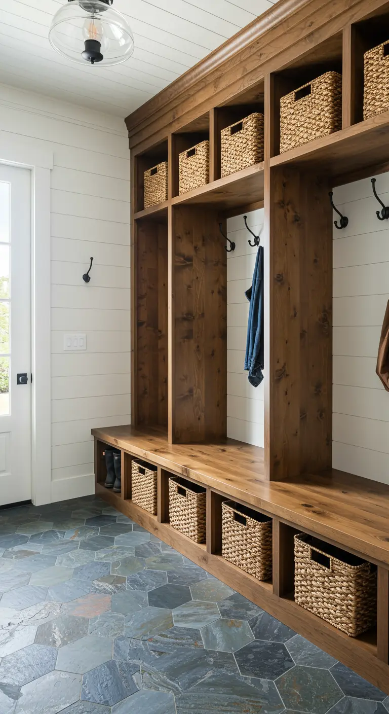 Well-organized mudroom with dark wood built-in cubbies, benches, and woven baskets.