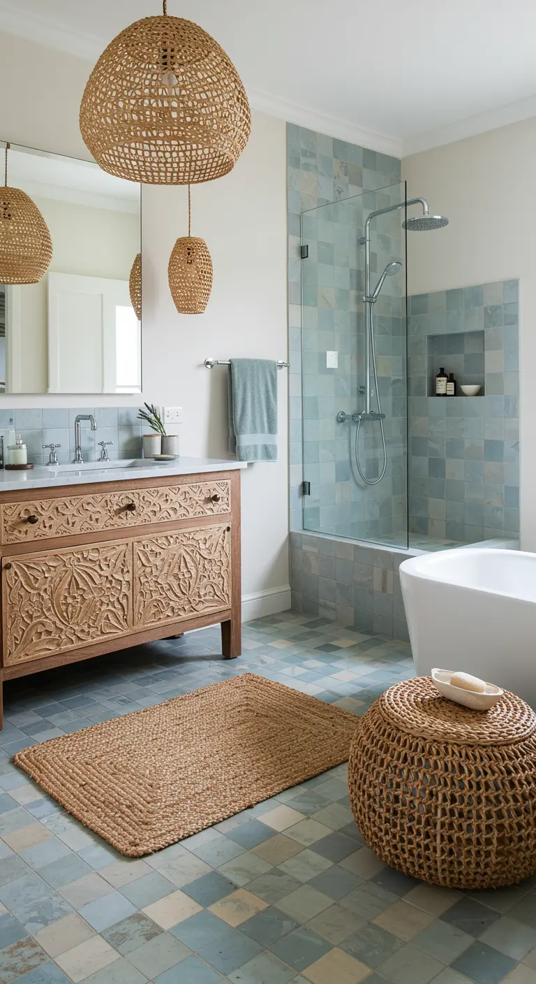 Bathroom featuring an intricately carved wooden vanity and patchwork floor tiles.