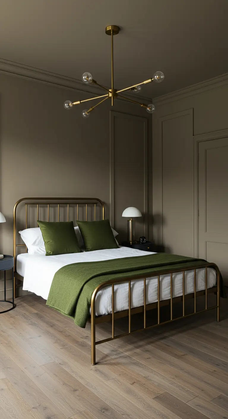 Sophisticated bedroom with a brass metal bed, olive green pillows, and a modern sputnik chandelier.