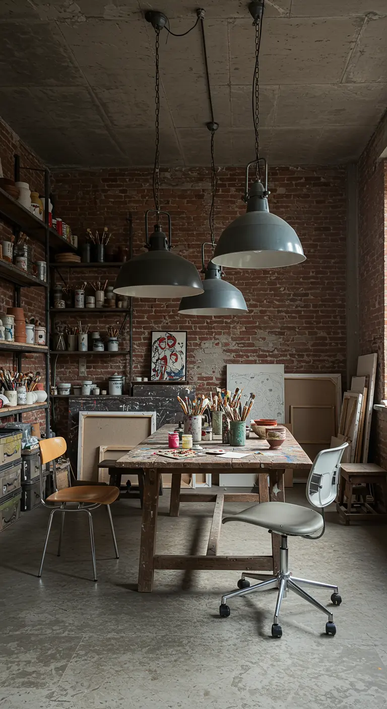 Artist's studio with exposed brick walls, industrial pendant lights, and a paint-splattered work table.