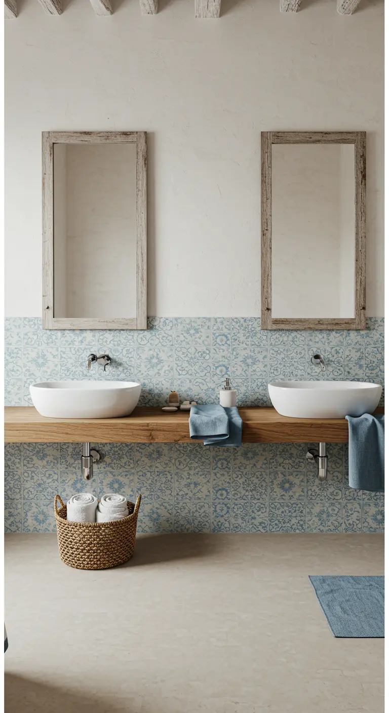 Bathroom with two vessel sinks on a wood counter against a blue patterned tile wall.