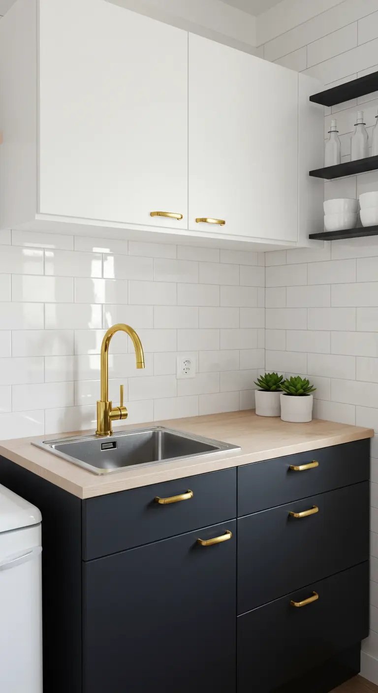 Compact kitchen with black base cabinets, white uppers, a wood countertop, and gold hardware.
