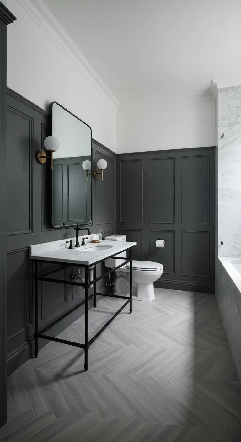 Bathroom with charcoal gray wall paneling, a marble console sink, and a herringbone tile floor.