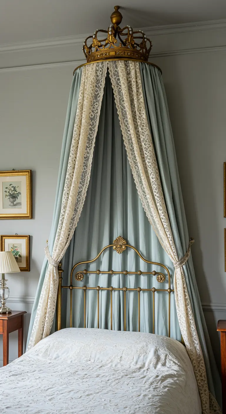 A brass bed with a crown canopy featuring blue fabric overlaid with intricate cream lace.