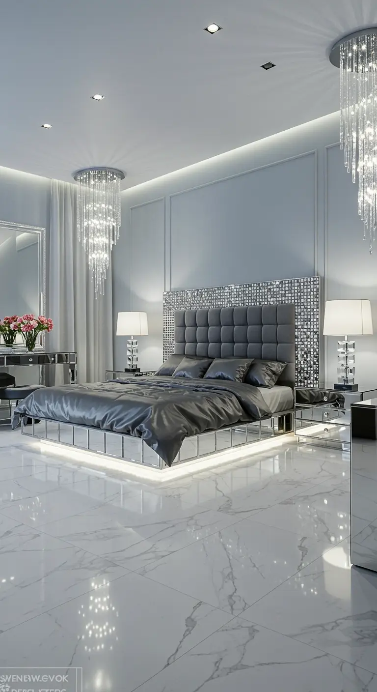 Modern bedroom with a floating bed illuminated from below and a crystal-studded headboard.