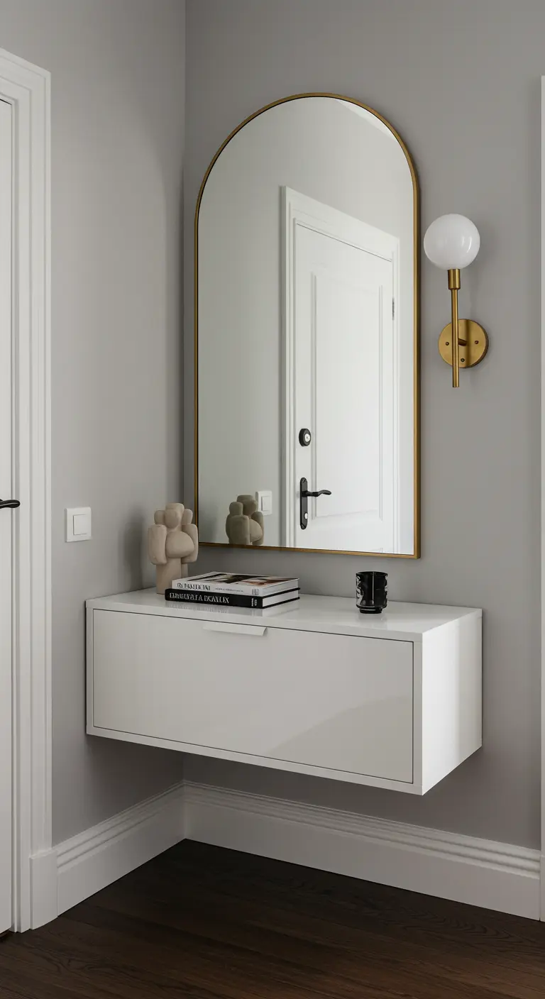 White floating console with a gold-framed arched mirror and a modern brass wall sconce.