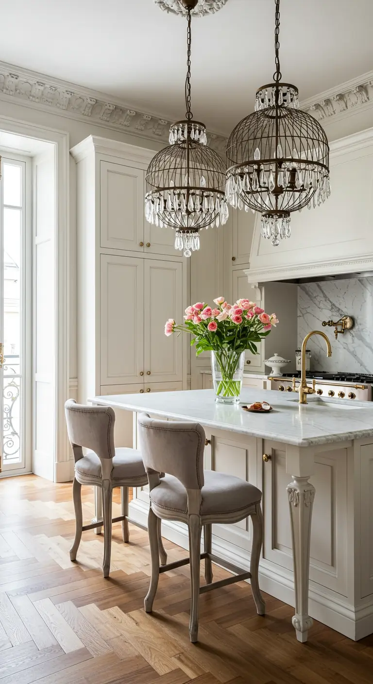 A classic Parisian-style kitchen with ornate molding, cage chandeliers, and light grey velvet stools.