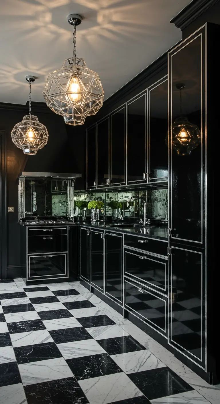Glamorous black kitchen with chrome trim, a mirrored backsplash, and geometric pendant lights.