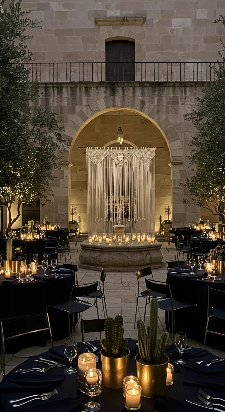 An elegant evening event in a courtyard with black tables and chairs, lit by many candles.