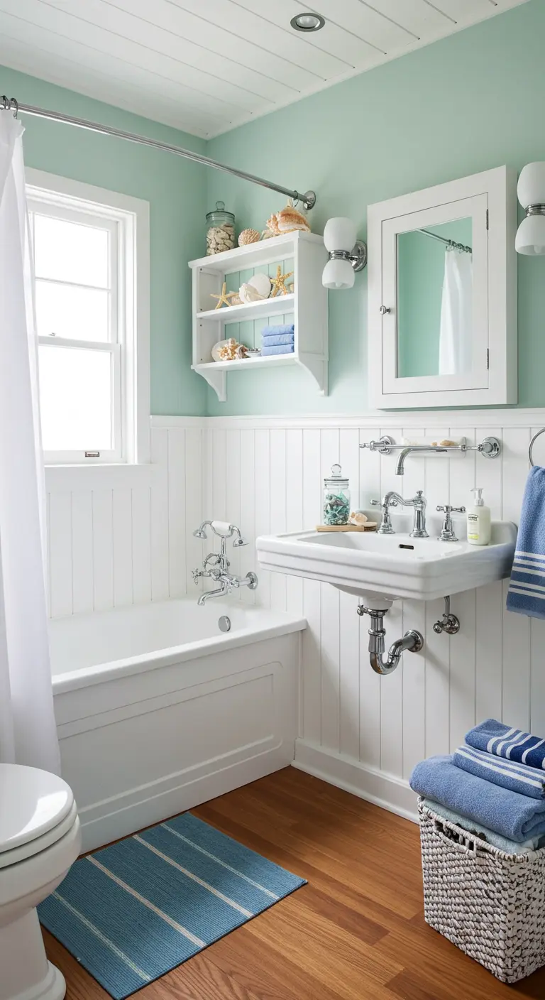 Coastal bathroom with mint green walls, white beadboard, and a wall-mounted sink.