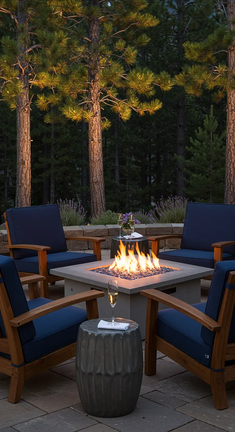 A sophisticated fire pit on a stone patio with cushioned wooden chairs and wine glasses.