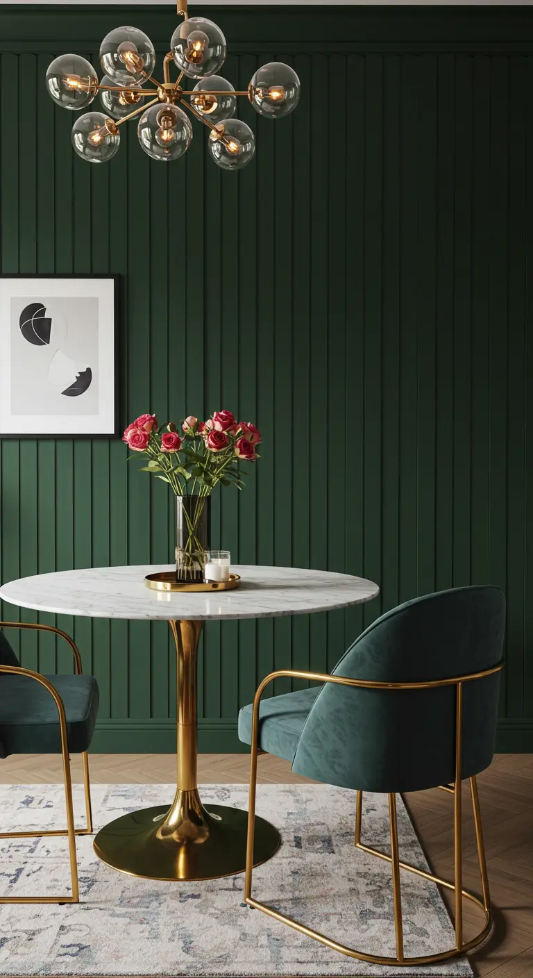 A dark green paneled accent wall in a dining room with a marble table.