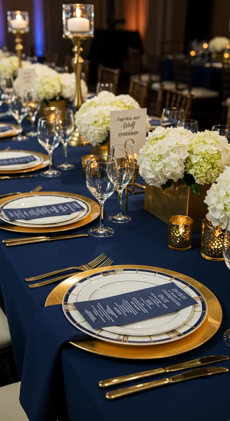 An elegant navy and gold place setting with a custom Art Deco menu card.