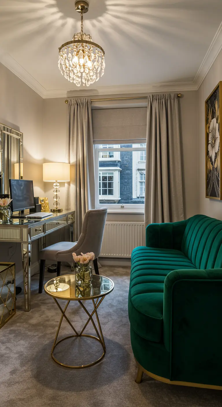 A glam living room with an emerald green velvet sofa, mirrored desk, and crystal chandelier.