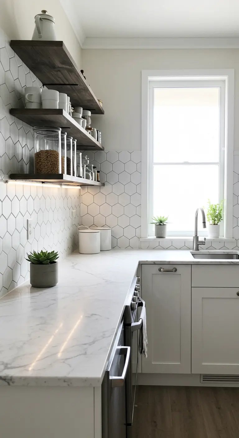 A modern kitchen with white hexagon tile backsplash and under-shelf LED lighting.