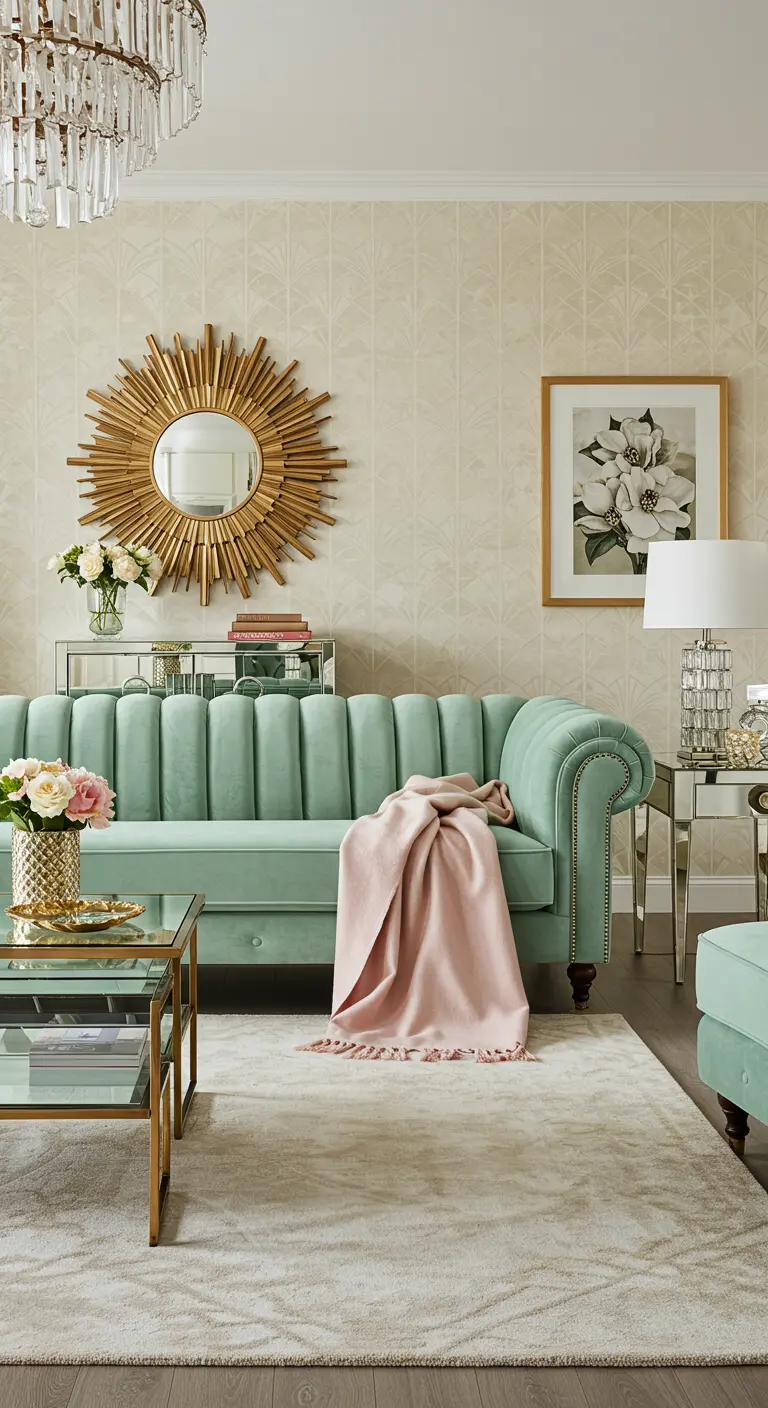 An elegant living room with a mint velvet sofa, gold sunburst mirror, and mirrored side tables.