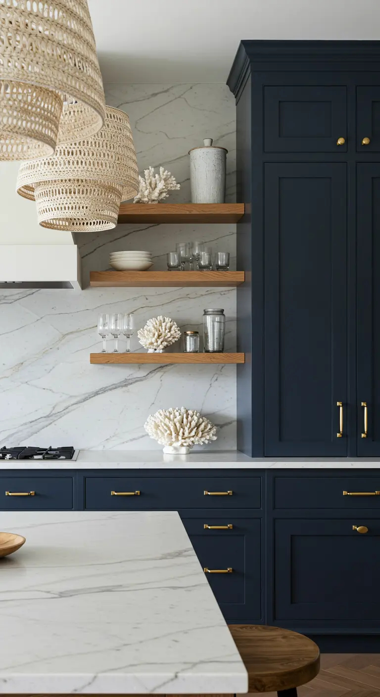 Navy cabinets and a marble backsplash are paired with cream-colored woven pendants in a luxe kitchen.