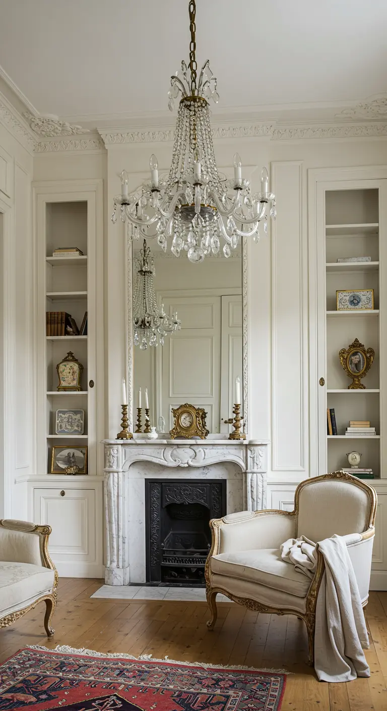 Elegant Parisian living room with a crystal chandelier, marble fireplace, and gilt armchairs.