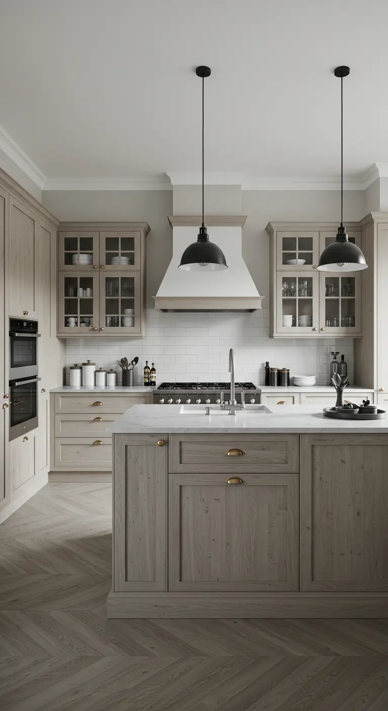 Transitional kitchen with grey-washed wood cabinets and a large island.