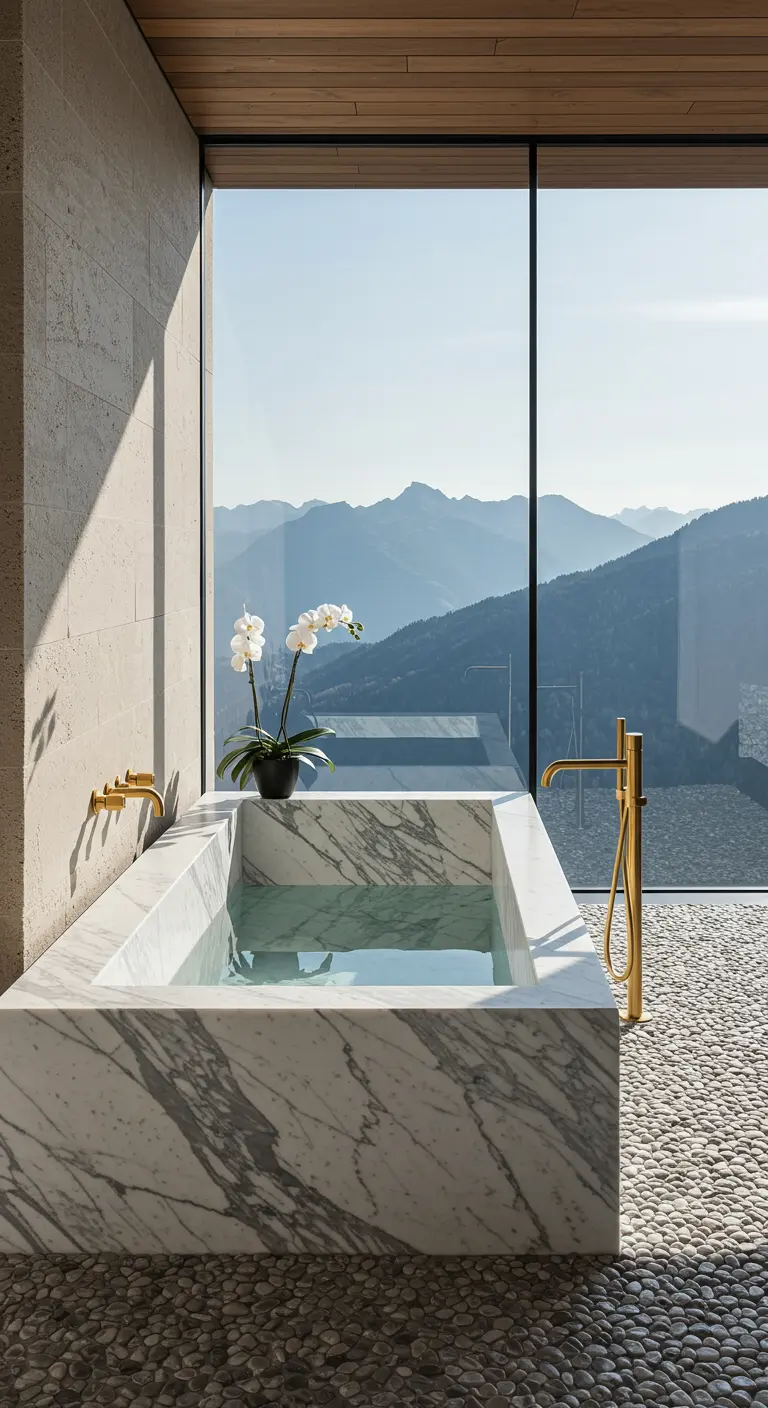 A veined marble bathtub with brass fixtures overlooking a vast mountain range.