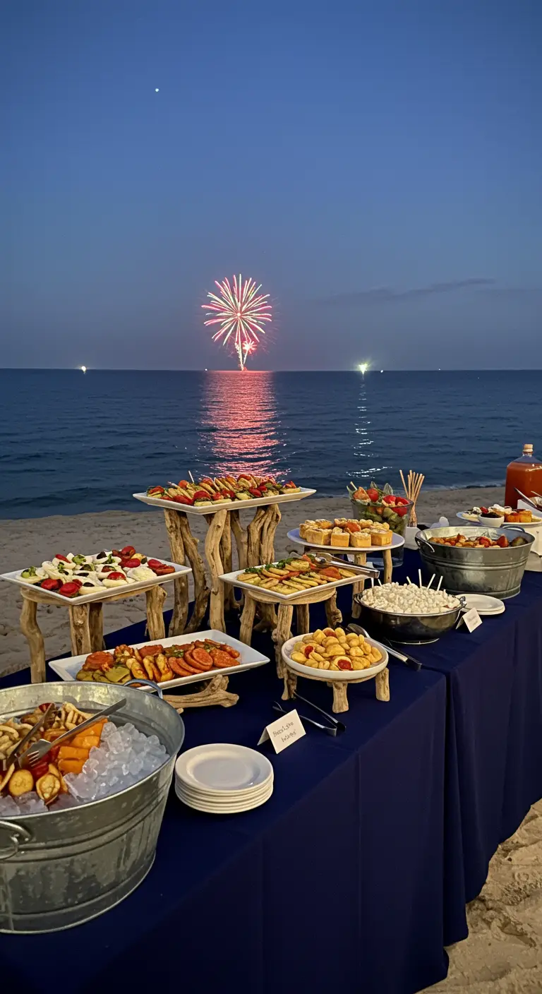 A beachside buffet table at dusk, with appetizers served on platters supported by driftwood stands.