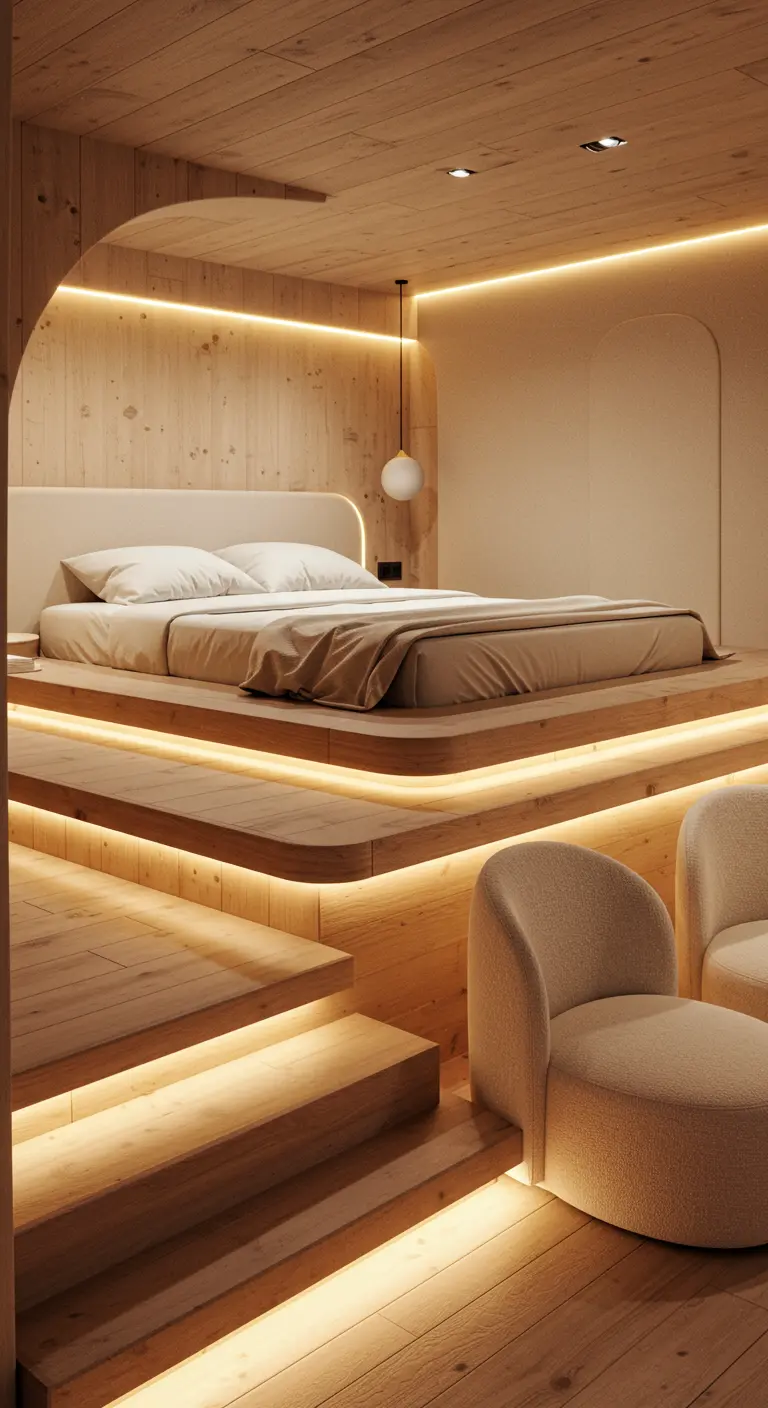 Tiered wooden platform bed with integrated LED lighting on each level in a wood-paneled room.
