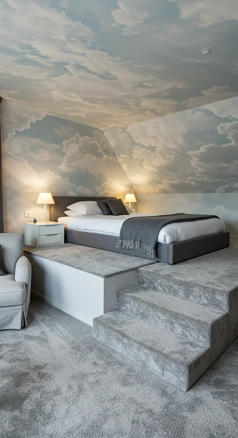 A bedroom with the bed on a raised, carpeted platform under a ceiling with a cloud mural.