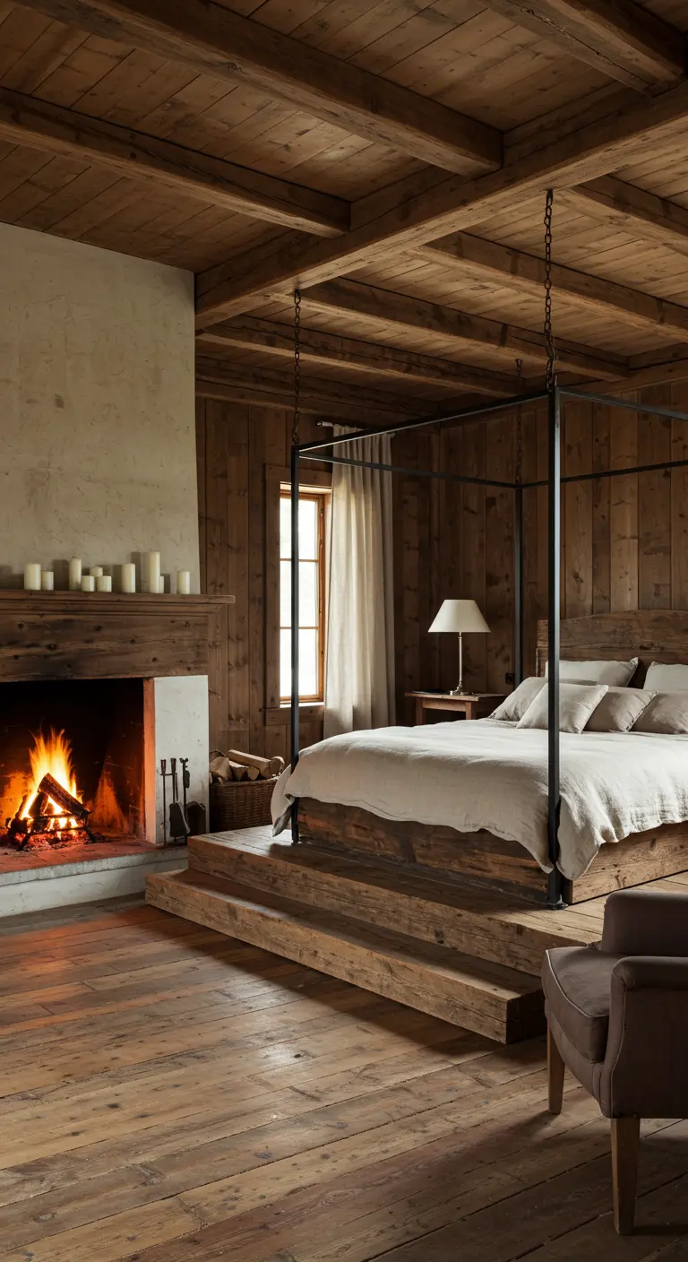 Rustic bedroom with a bed on a raised wooden platform and a canopy frame hanging from chains.