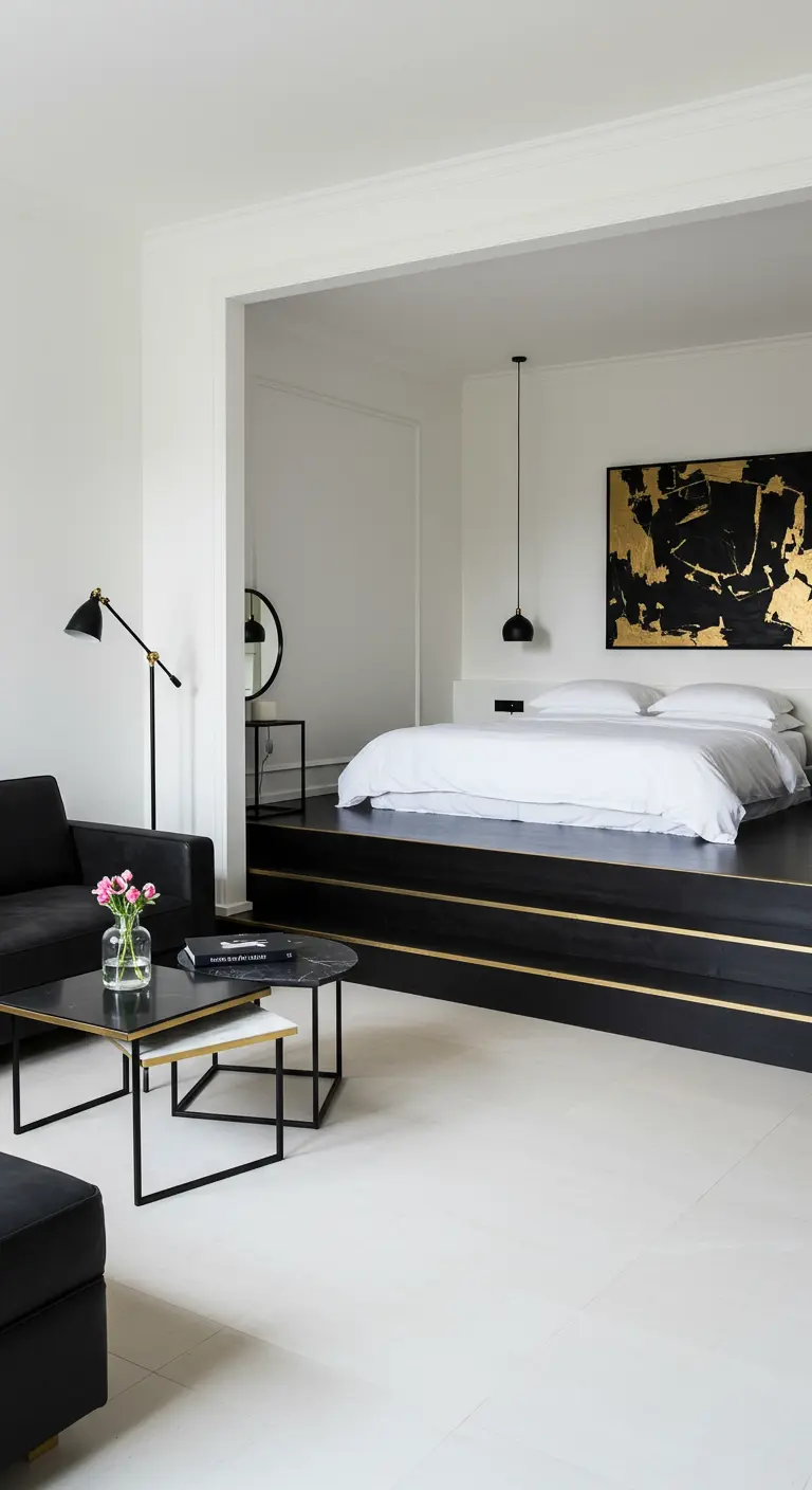 A studio apartment with a bed raised on a black platform that has a thin gold accent line.