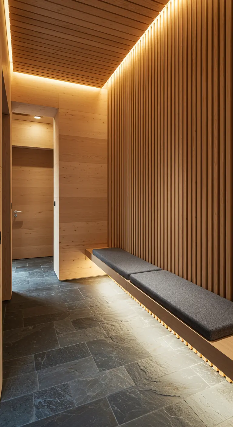 A hallway with a dark slate floor, wood slat wall, and a floating bench with under-lighting.