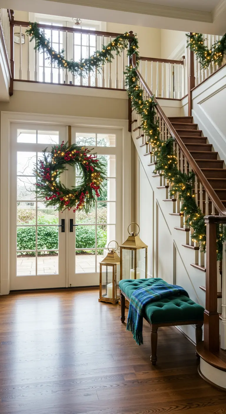 Grand entryway with lit garland on the staircase and a red-berried wreath on the front door.