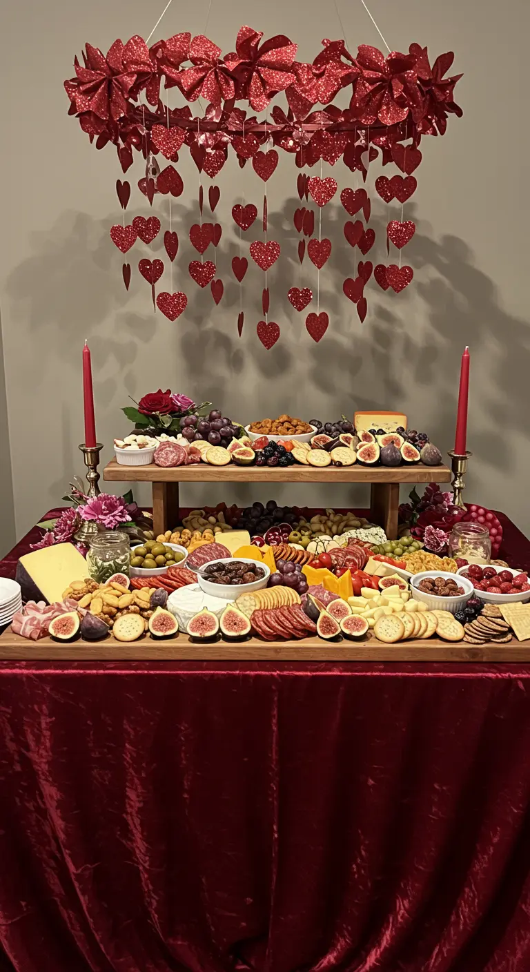 A tiered charcuterie and cheese board on a table with a burgundy velvet cloth and a hanging heart mobile.