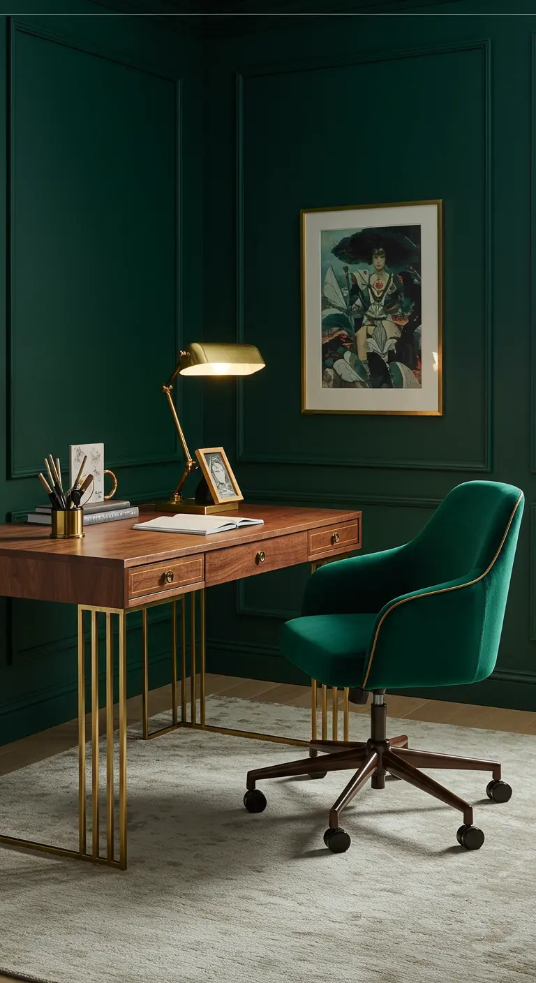 Home office with emerald green walls, a walnut and brass desk, and a matching emerald velvet chair.