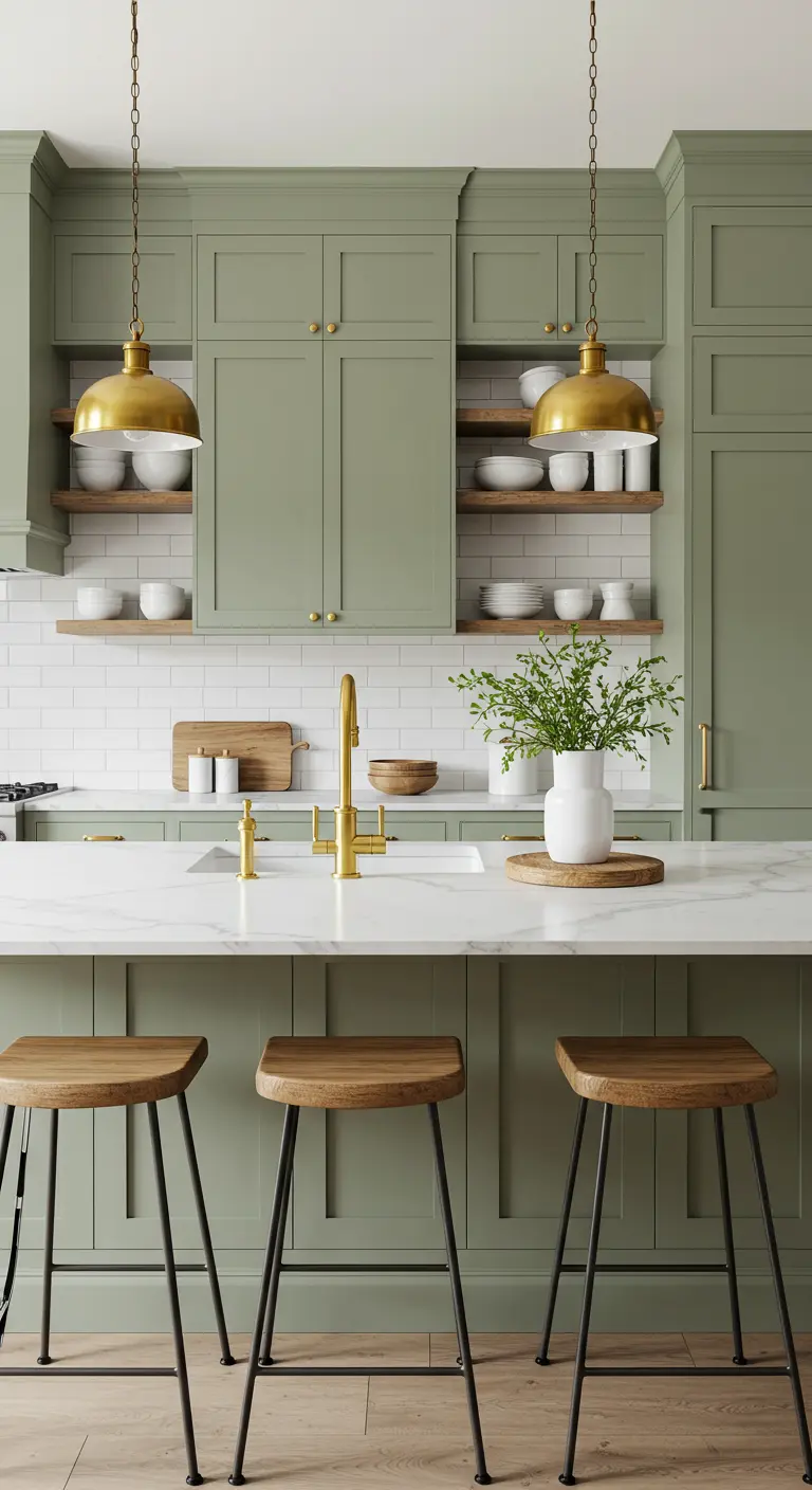 Kitchen with sage green shaker cabinets, brass hardware, and white marble countertops.