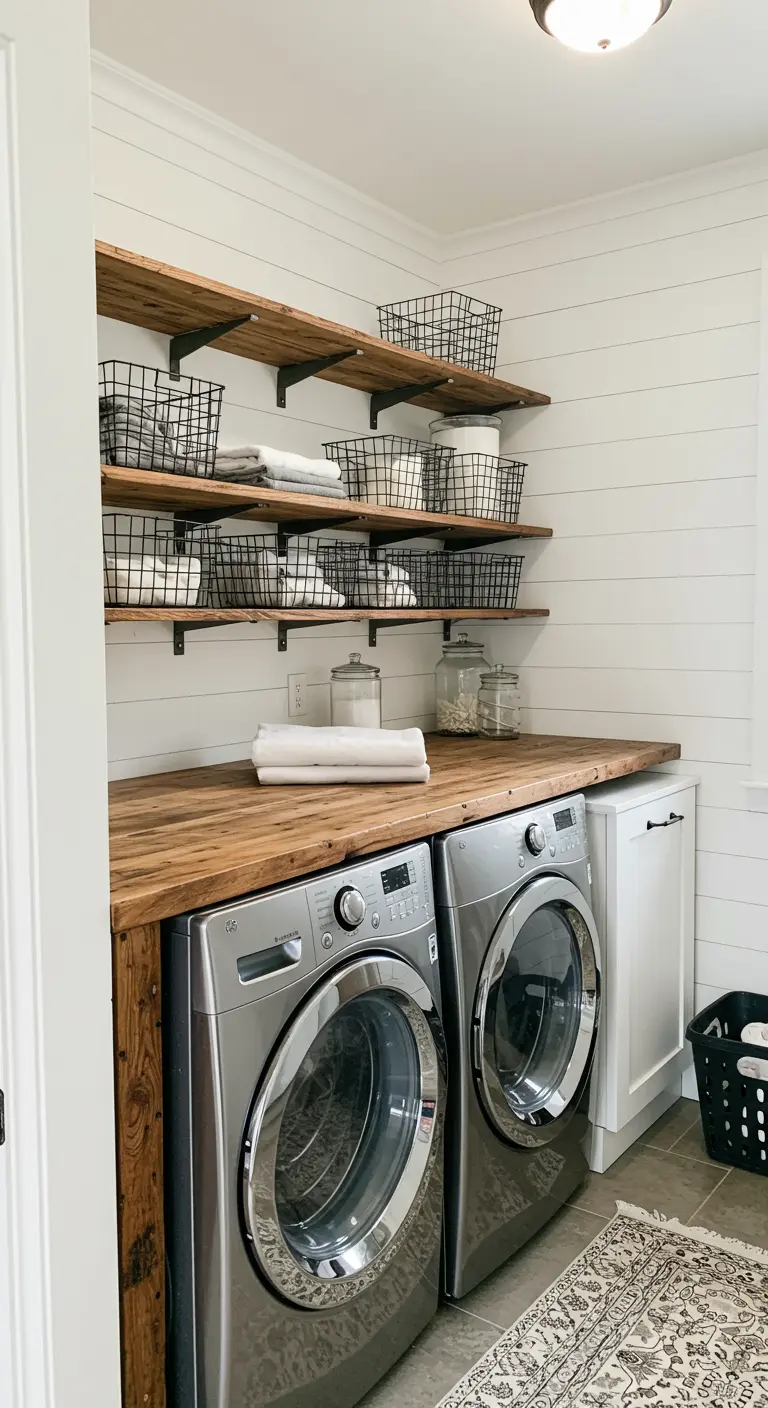 Laundry room with a wood countertop over the machines and open shelving with wire baskets.