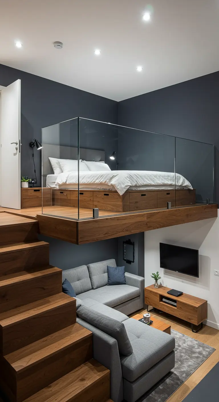 Studio apartment with a wooden loft bed featuring a clear glass safety rail.