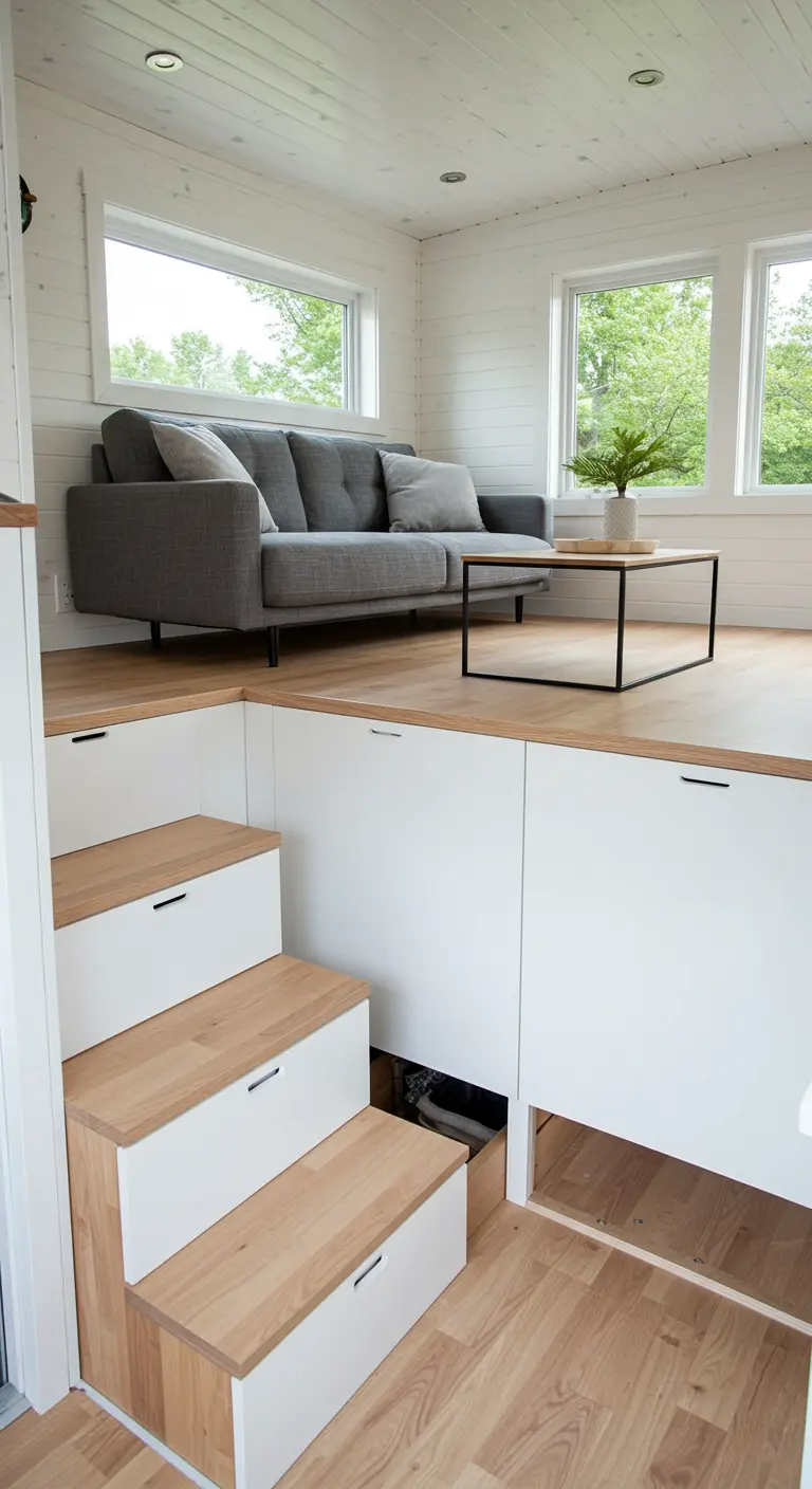 A living area on a raised platform with stairs that have integrated storage drawers.