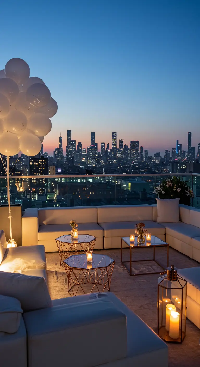 Rooftop lounge with white couches, geometric tables, and a cluster of white balloons against a city skyline.