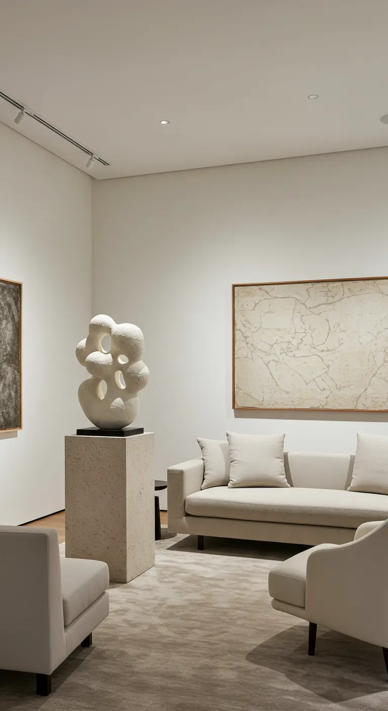 Abstract white sculpture on a plinth in a minimalist, gallery-like living room.