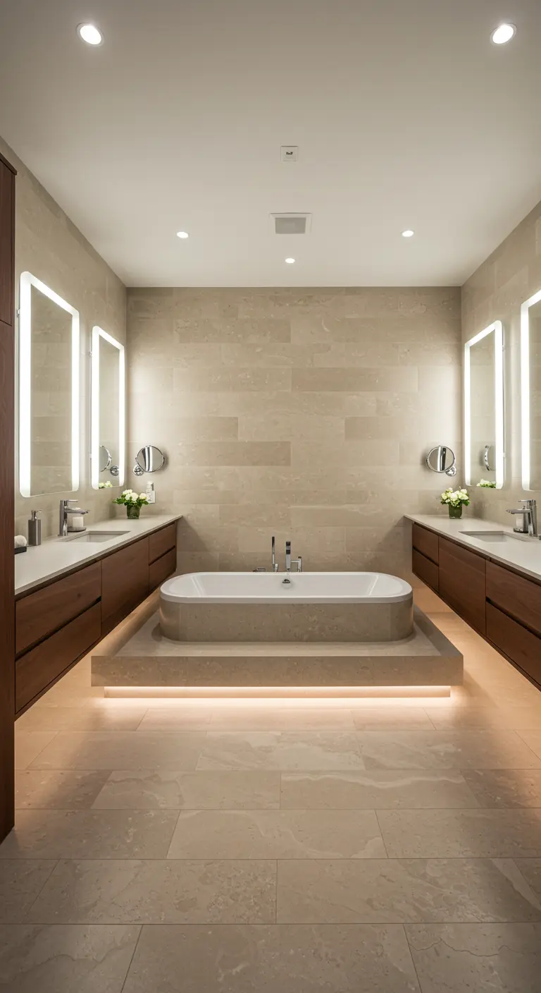 A symmetrical bathroom with a freestanding tub on a raised platform lit from underneath.