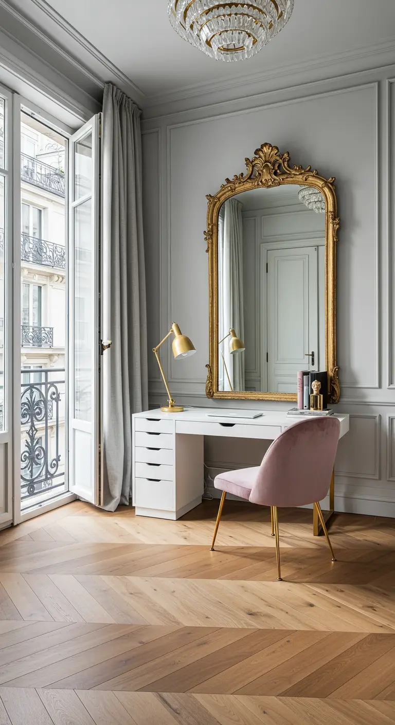 Parisian home office with a white desk, pink velvet chair, and gold mirror.