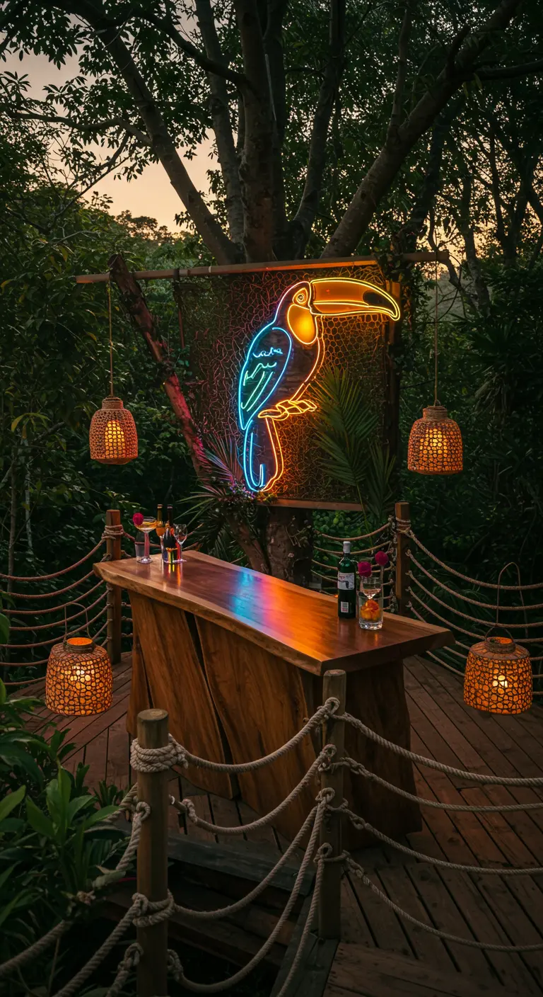 Jungle bar built around a tree with a toucan neon sign and woven lanterns.