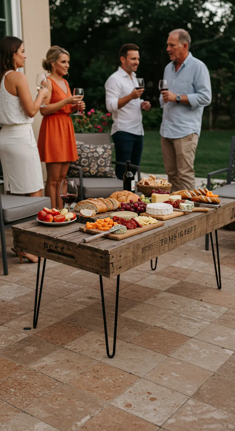 Long crate table on black metal hairpin legs, used for a party buffet.
