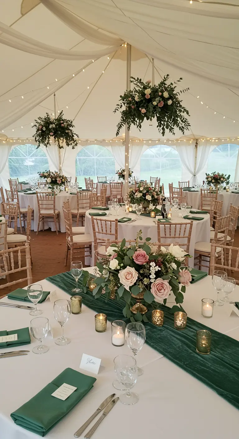 Wedding tent interior with high floral centerpieces and a dark green velvet table runner.