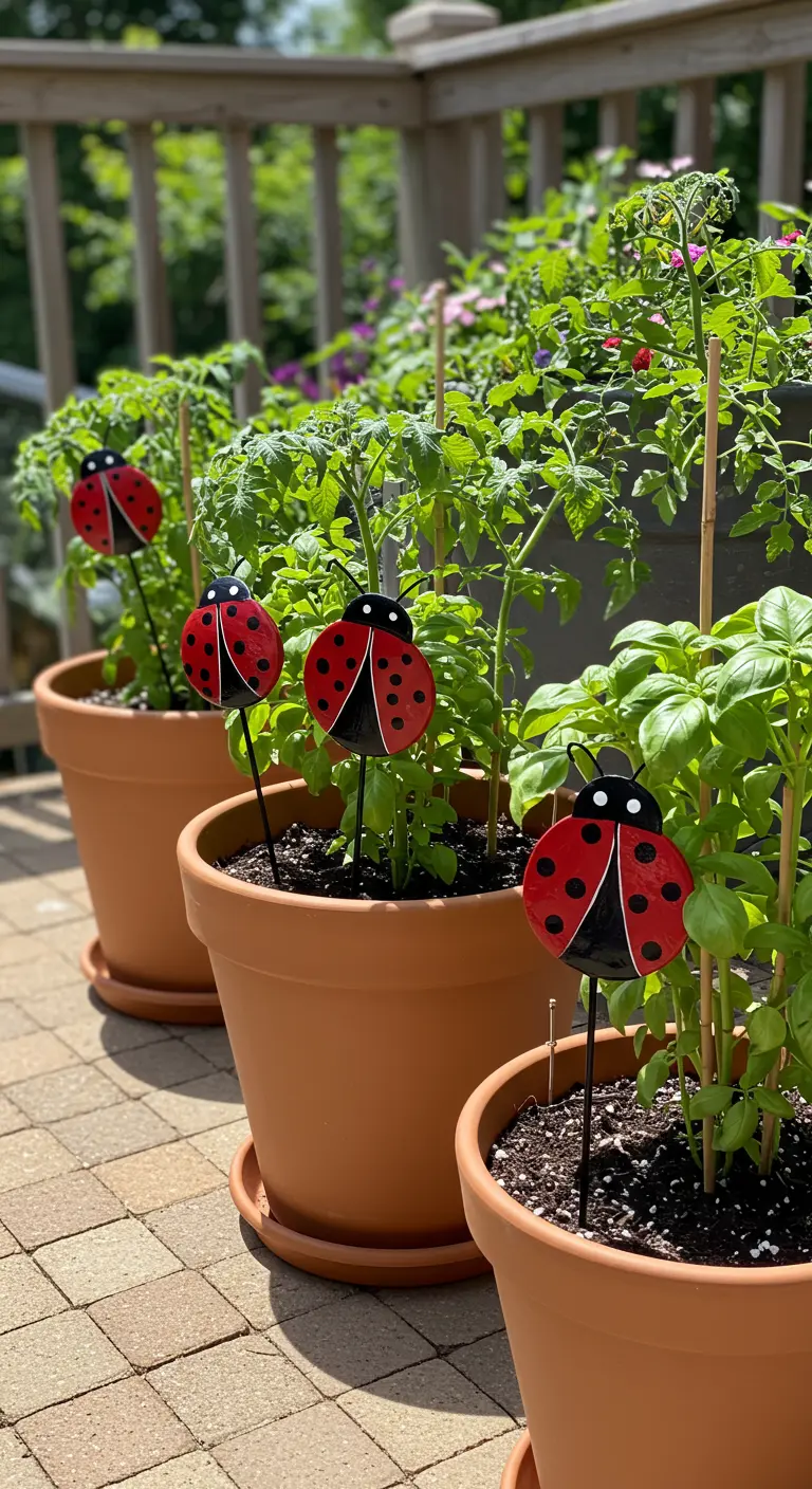 Three ladybug garden stakes placed in terracotta pots with tomato and basil plants.