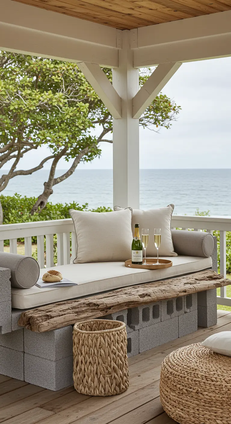 An elegant cinder block bench with custom oatmeal-colored cushions, bolsters, and champagne.