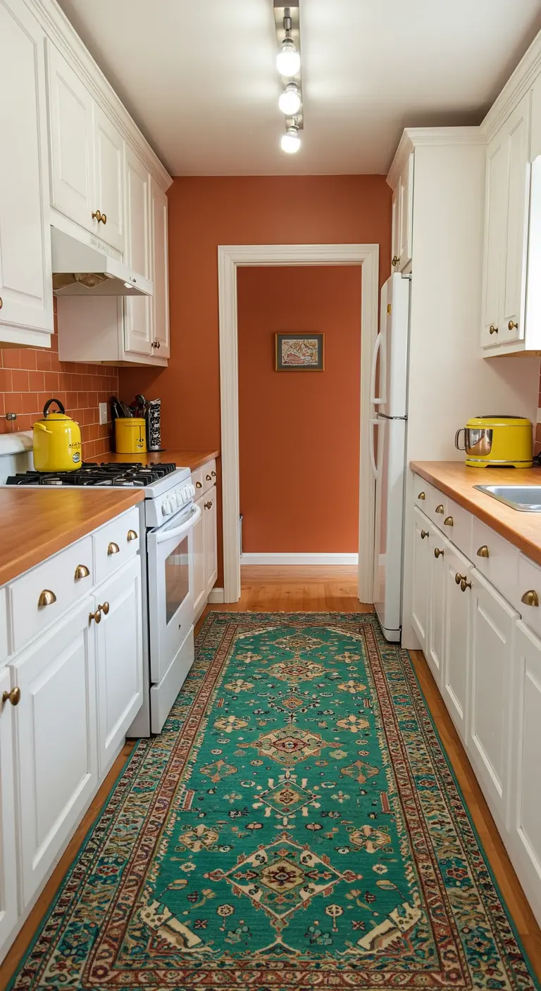 Galley kitchen with terracotta walls, white cabinets, and a long teal runner rug.