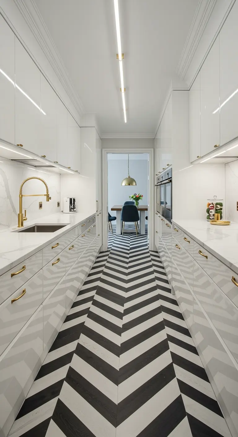 Long galley kitchen with glossy white cabinets and a black-and-white chevron floor.