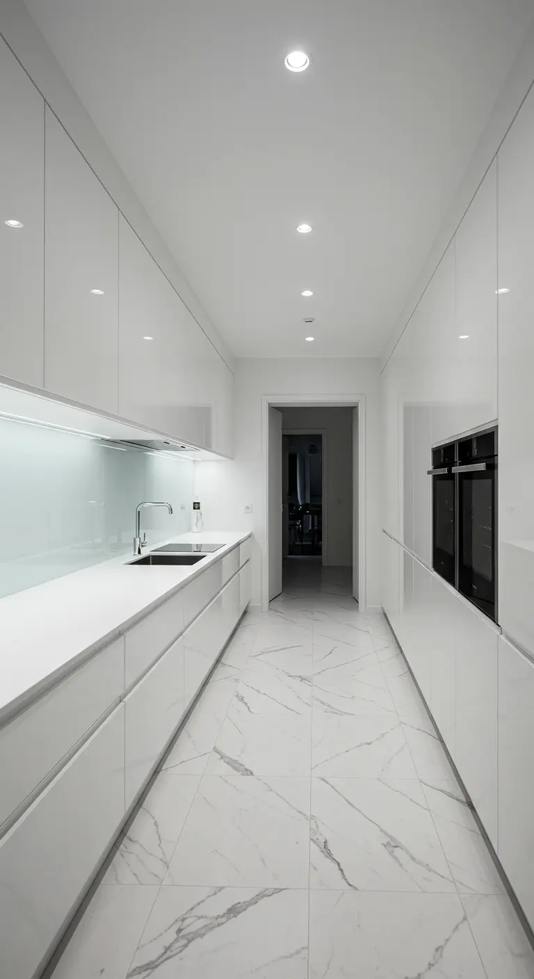 Long, narrow galley kitchen with high-gloss white cabinets and a marble-patterned floor.