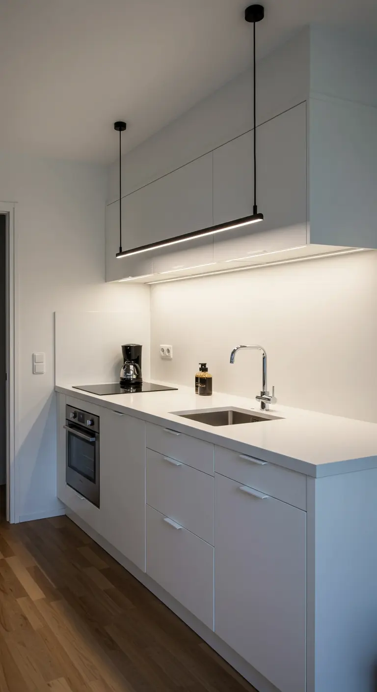 A sleek white galley kitchen with a long, black linear suspension light and under-cabinet lighting.